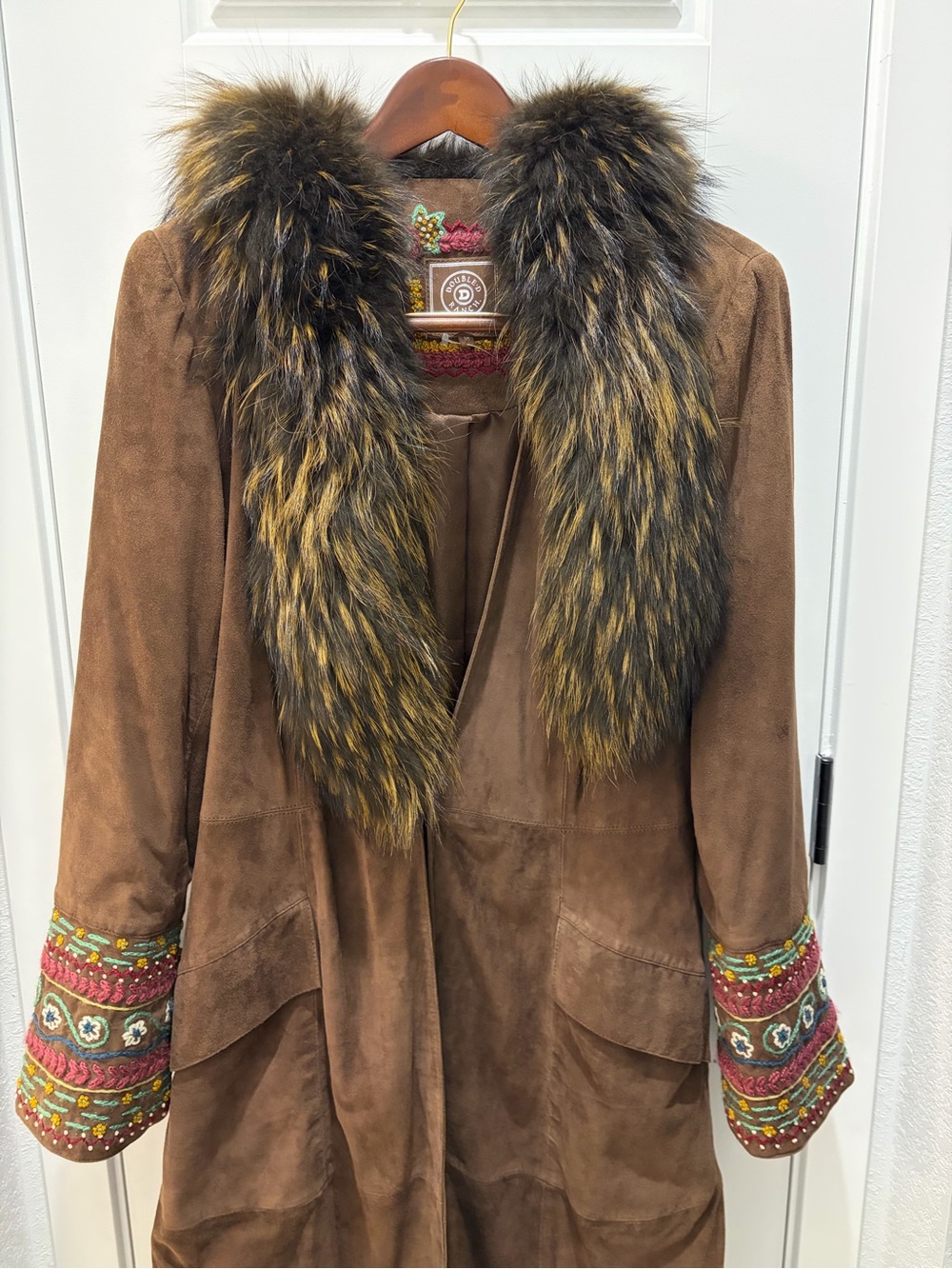 Double D Ranch Brown Leather Trench Coat with Fur Trim and Embroidered Cuffs - Picture 1 of 6